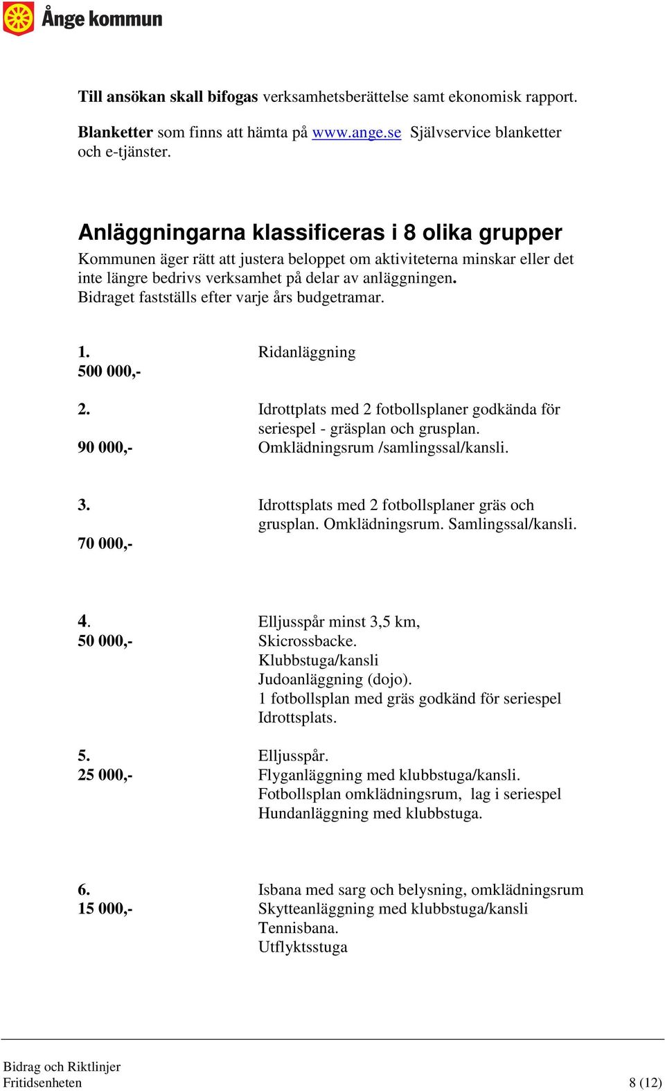 Bidraget fastställs efter varje års budgetramar. 1. Ridanläggning 500 000,- 2. Idrottplats med 2 fotbollsplaner godkända för seriespel - gräsplan och grusplan.