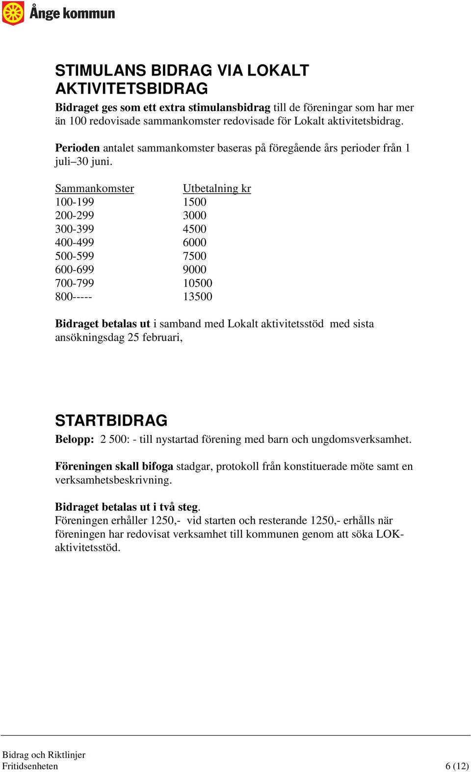 Sammankomster Utbetalning kr 100-199 1500 200-299 3000 300-399 4500 400-499 6000 500-599 7500 600-699 9000 700-799 10500 800----- 13500 Bidraget betalas ut i samband med Lokalt aktivitetsstöd med