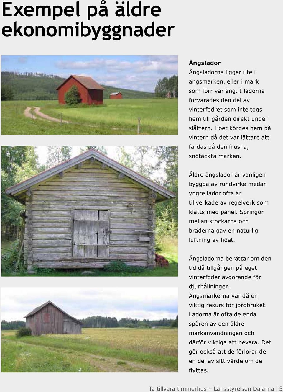 Äldre ängslador är vanligen byggda av rundvirke medan yngre lador ofta är tillverkade av regelverk som klätts med panel. Springor mellan stockarna och bräderna gav en naturlig luftning av höet.