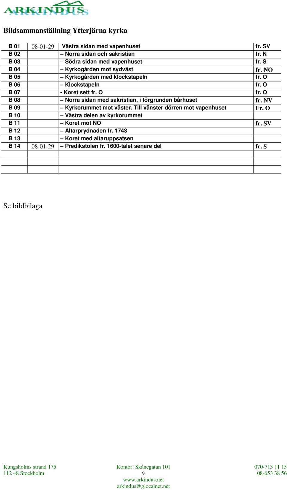 O B 08 Norra sidan med sakristian, i förgrunden bårhuset fr. NV B 09 Kyrkorummet mot väster. Till vänster dörren mot vapenhuset Fr.