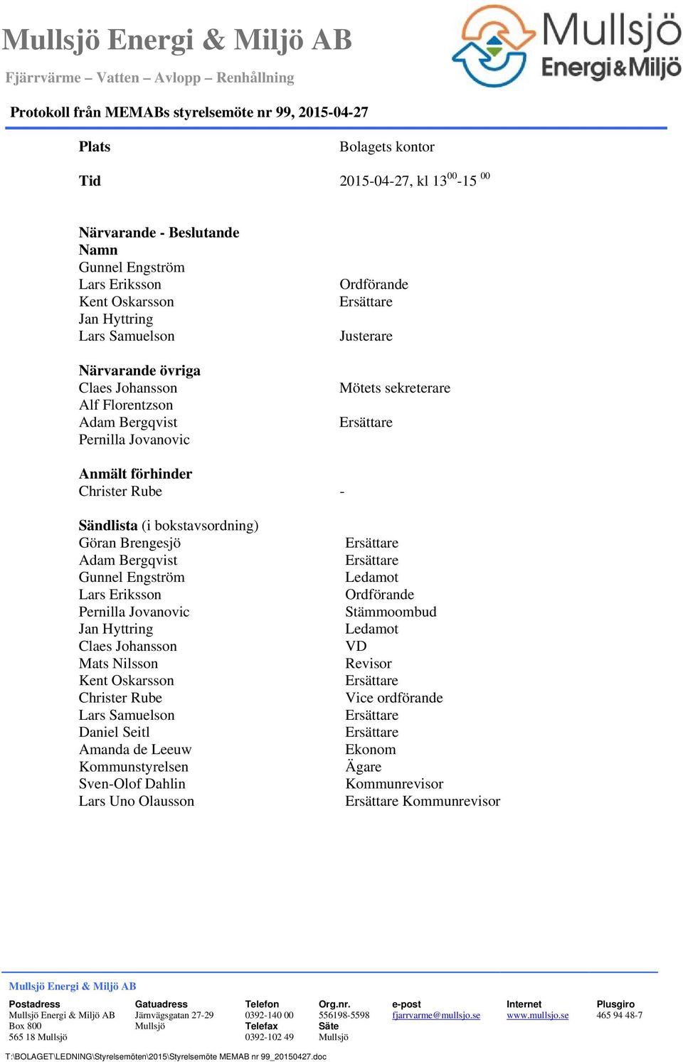 Bergqvist Gunnel Engström Pernilla Jovanovic Jan Hyttring Mats Nilsson Kent Oskarsson Christer Rube Daniel Seitl Amanda de Leeuw Kommunstyrelsen SvenOlof Dahlin Lars Uno Olausson Ledamot Stämmoombud