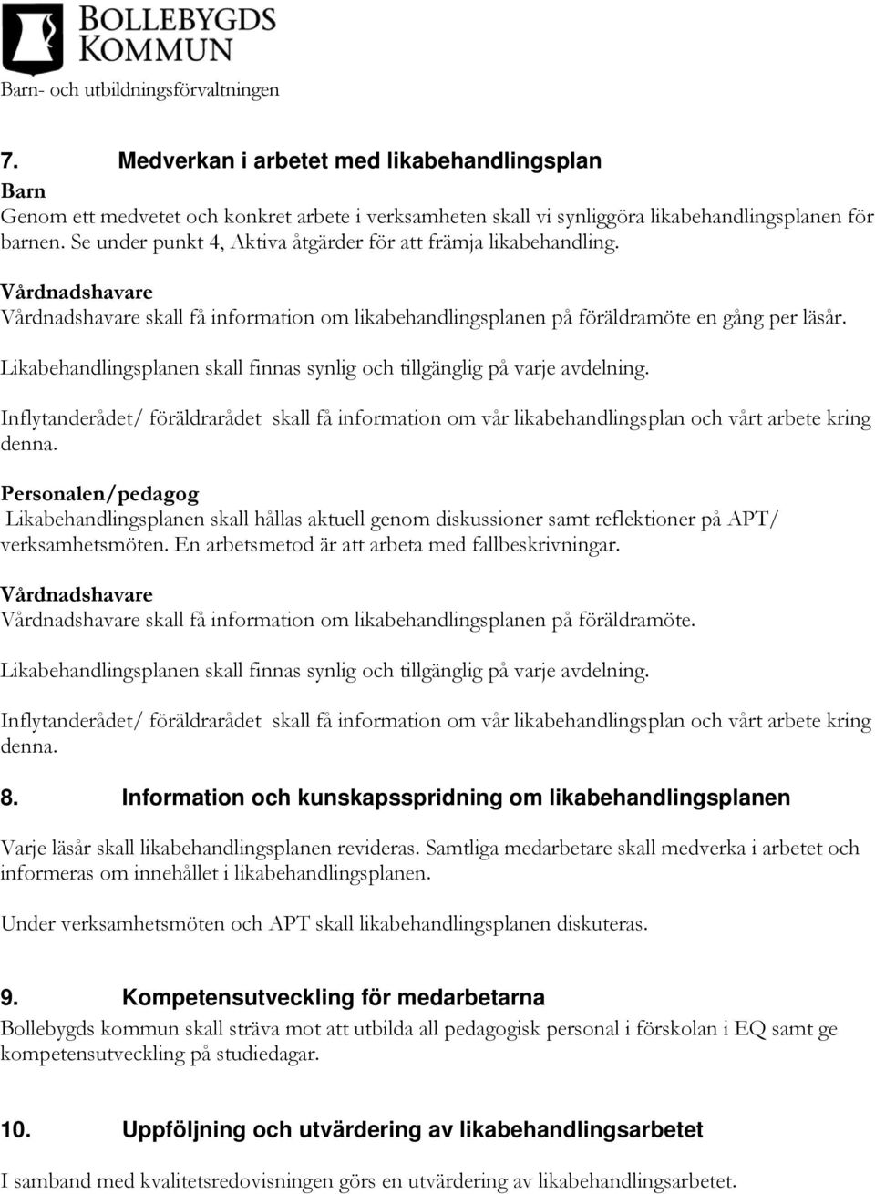 Likabehandlingsplanen skall finnas synlig och tillgänglig på varje avdelning. Inflytanderådet/ föräldrarådet skall få information om vår likabehandlingsplan och vårt arbete kring denna.