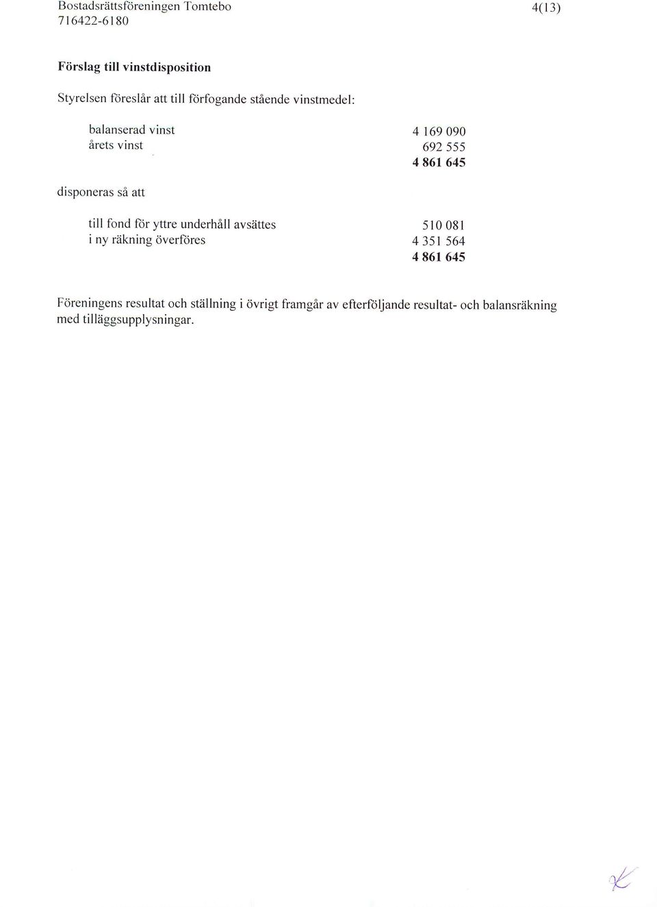 till fond ftir yttre underh6ll avsiittes i ny riikning overftjres 51 81 4 3sr 564 4 861 645 Ftireningens