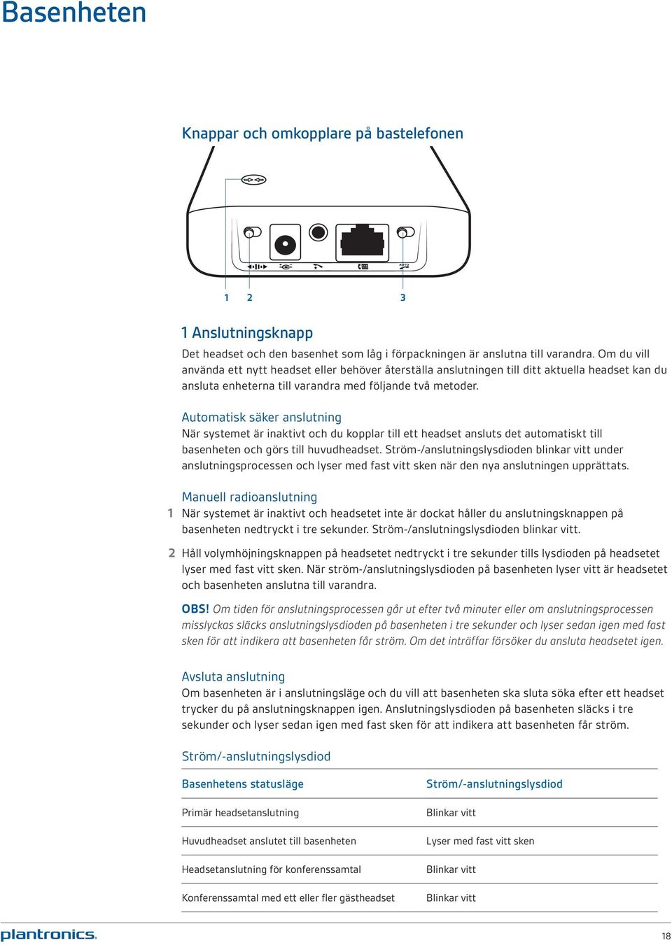 Automatisk säker anslutning När systemet är inaktivt och du kopplar till ett headset ansluts det automatiskt till basenheten och görs till huvudheadset.