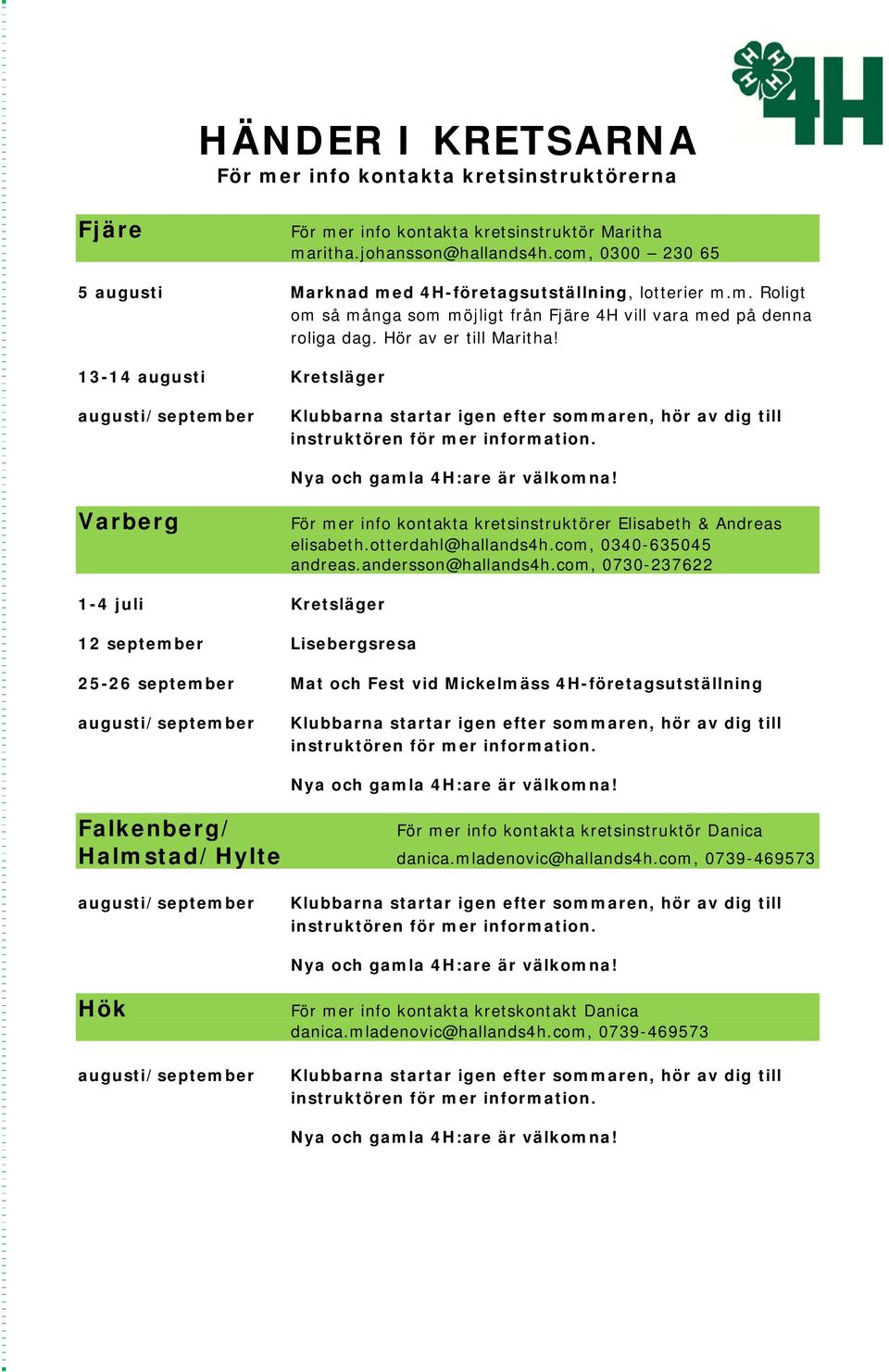 13-14 augusti Kretsläger Varberg För mer info kontakta kretsinstruktörer Elisabeth & Andreas elisabeth.otterdahl@hallands4h.com, 0340-635045 andreas.andersson@hallands4h.