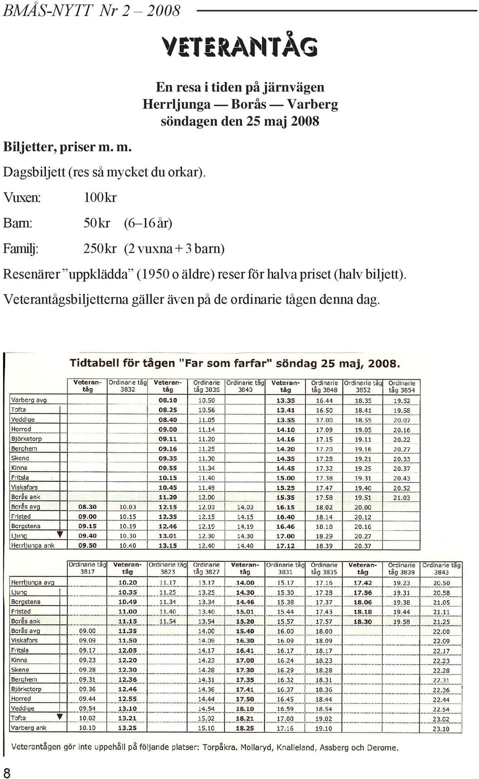 Vuxen: 100 kr Barn: 50 kr (6 16 år) Familj: 250 kr (2 vuxna + 3 barn) Resenärer uppklädda (1950