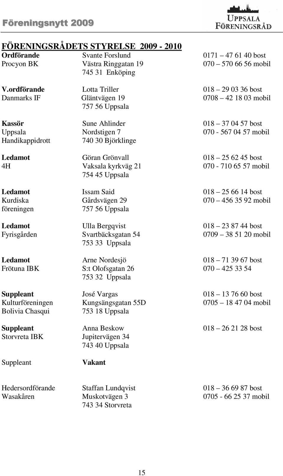 740 30 Björklinge Ledamot Göran Grönvall 018 25 62 45 bost 4H Vaksala kyrkväg 21 070-710 65 57 mobil 754 45 Uppsala Ledamot Issam Said 018 25 66 14 bost Kurdiska Gårdsvägen 29 070 456 35 92 mobil