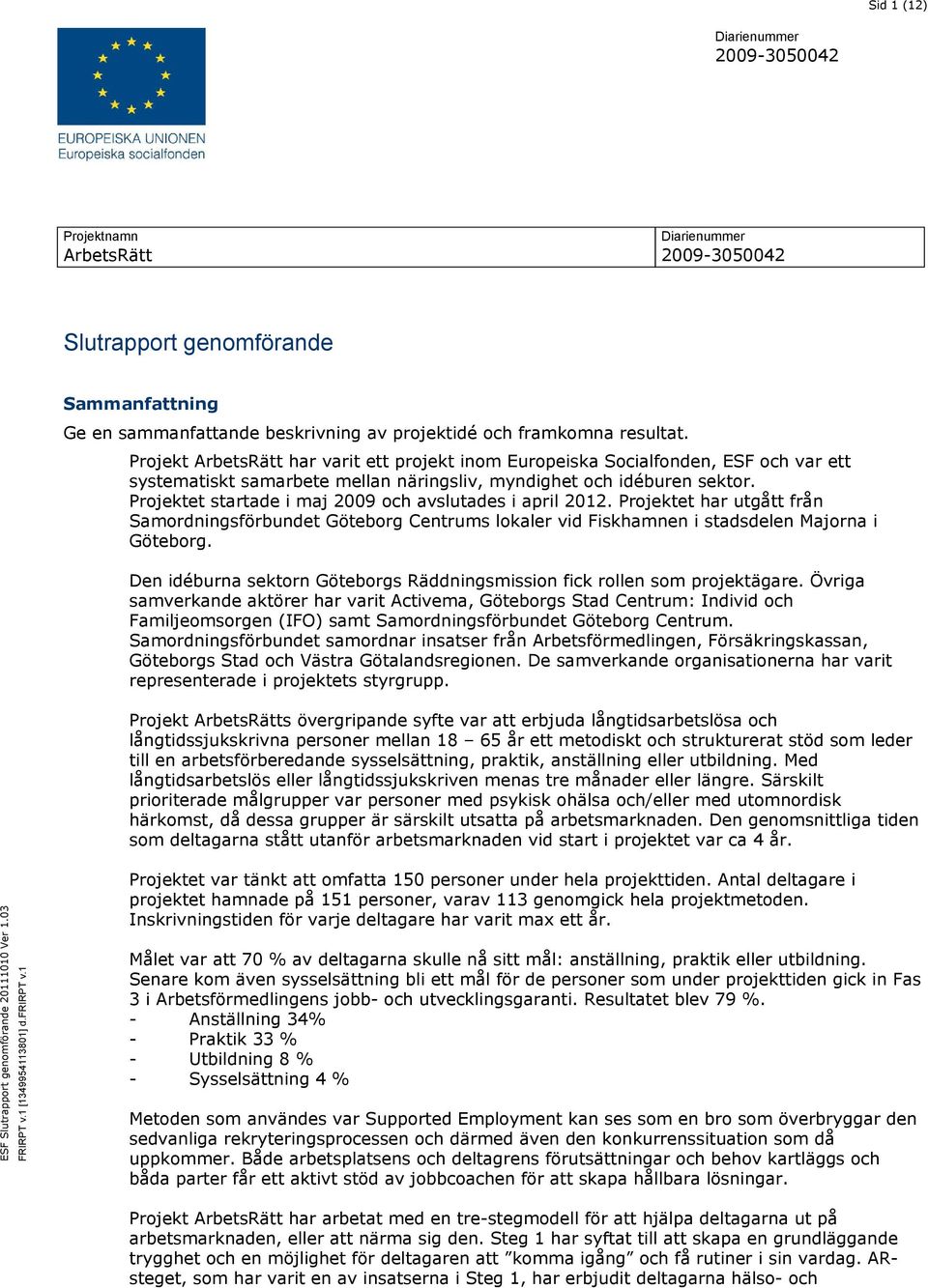 Projektet startade i maj 2009 och avslutades i april 2012. Projektet har utgått från Samordningsförbundet Göteborg Centrums lokaler vid Fiskhamnen i stadsdelen Majorna i Göteborg.