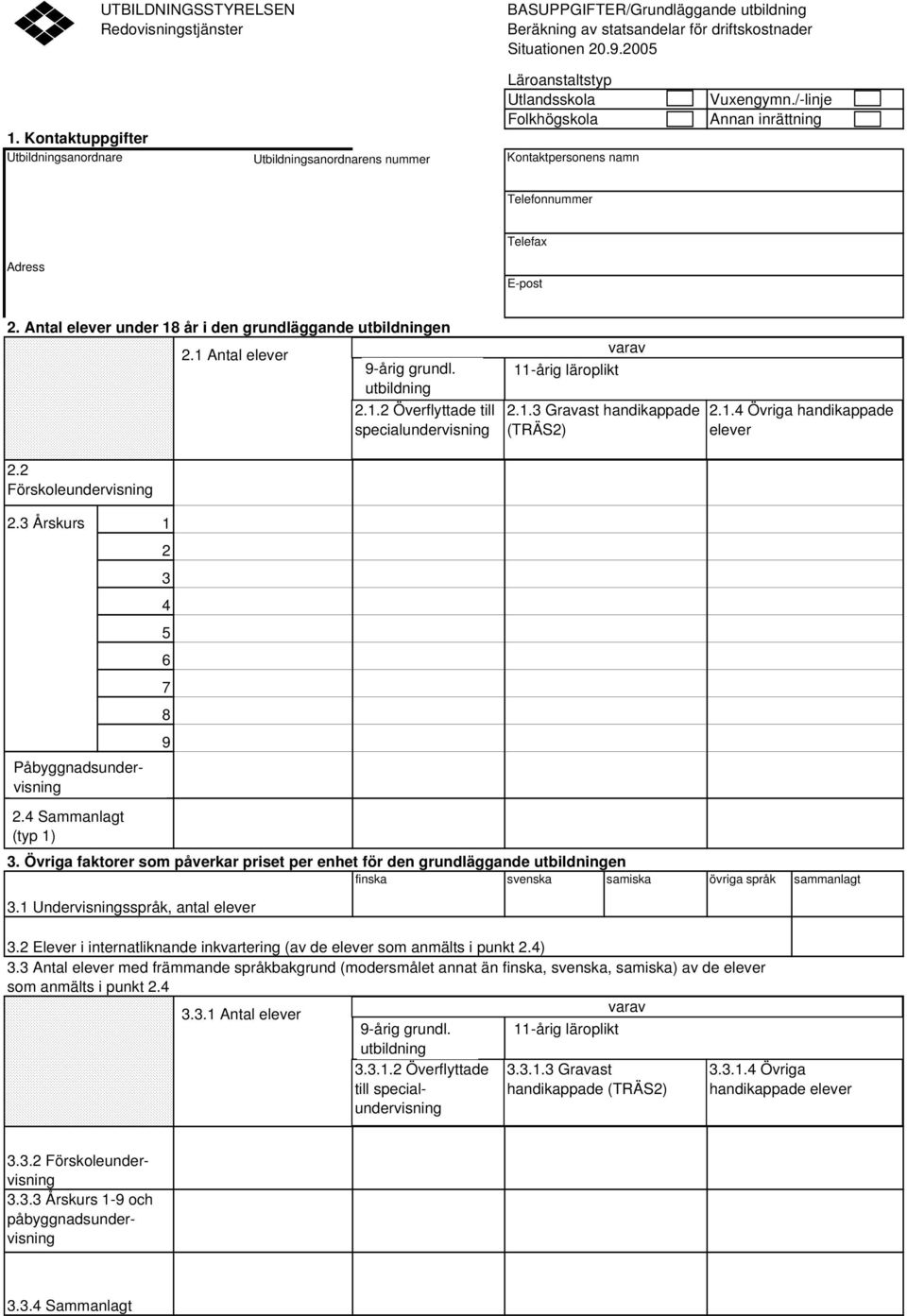 /-linje Annan inrättning Telefonnummer Telefax Adress E-post 2. Antal elever under 18 år i den grundläggande utbildningen 2.1 Antal elever 9-årig grundl. utbildning 2.1.2 Överflyttade till specialundervisning varav 11-årig läroplikt 2.