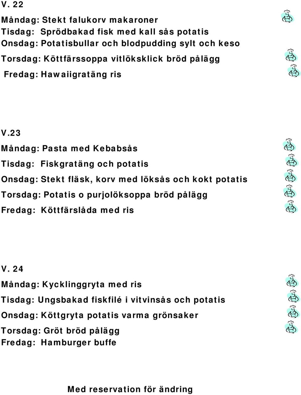 23 Måndag: Pasta med Kebabsås Tisdag: Fiskgratäng och potatis Onsdag: Stekt fläsk, korv med löksås och kokt potatis