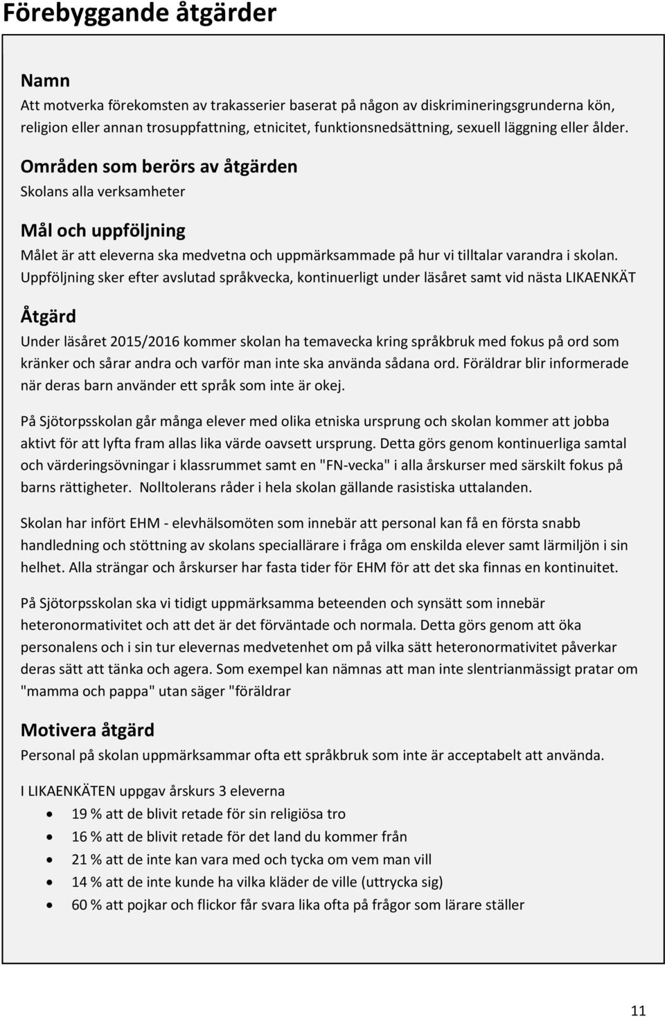 Uppföljning sker efter avslutad språkvecka, kontinuerligt under läsåret samt vid nästa LIKAENKÄT Åtgärd Under läsåret 2015/2016 kommer skolan ha temavecka kring språkbruk med fokus på ord som kränker