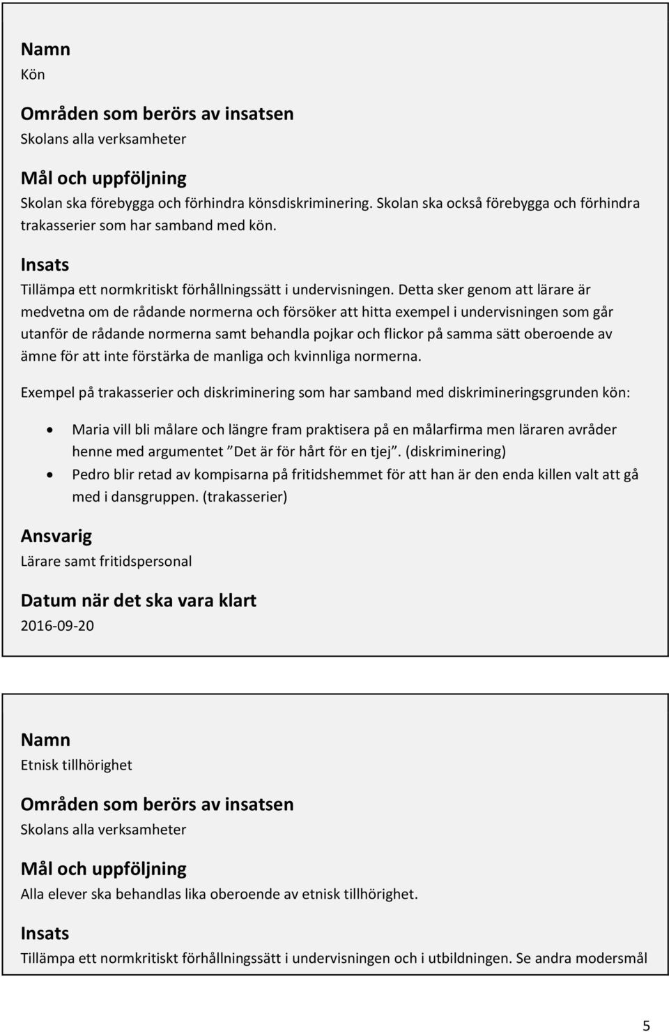 Detta sker genom att lärare är medvetna om de rådande normerna och försöker att hitta exempel i undervisningen som går utanför de rådande normerna samt behandla pojkar och flickor på samma sätt