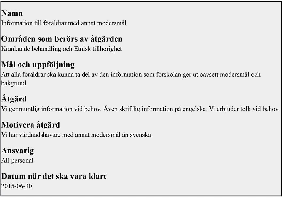 modersmål och bakgrund. Åtgärd Vi ger muntlig information vid behov. Även skriftlig information på engelska.