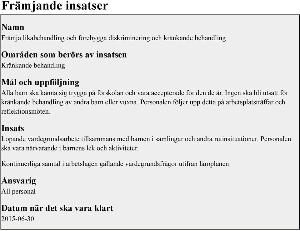 Personalen följer upp detta på arbetsplatsträffar och reflektionsmöten. Insats Löpande värdegrundsarbete tillsammans med barnen i samlingar och andra rutinsituationer.