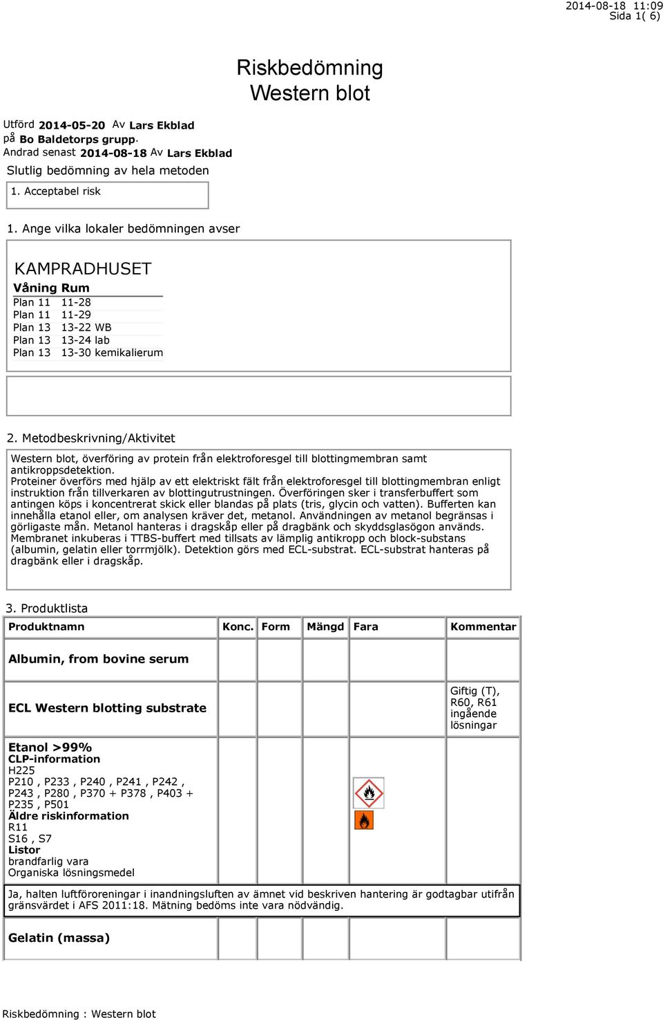 Metodbeskrivning/Aktivitet Western blot, överföring av protein från elektroforesgel till blottingmembran samt antikroppsdetektion.