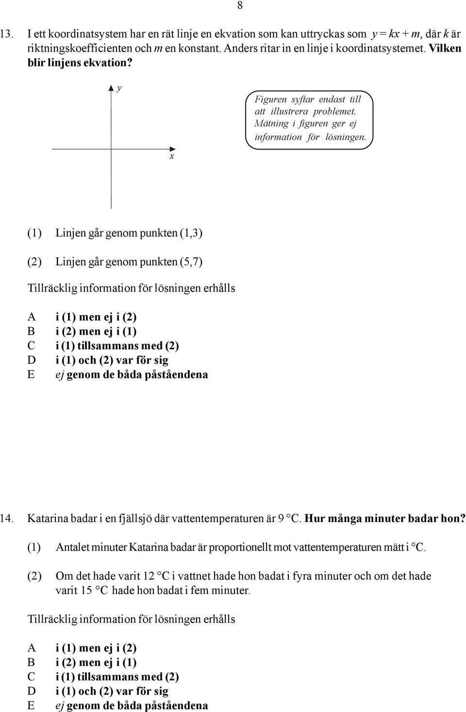 Mätning i figuren ger ej information för lösningen. (1) Linjen går genom punkten (1,3) (2) Linjen går genom punkten (5,7) 14.