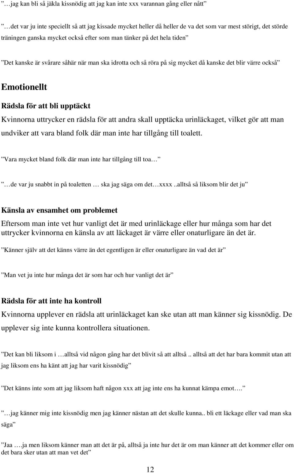 Kvinnorna uttrycker en rädsla för att andra skall upptäcka urinläckaget, vilket gör att man undviker att vara bland folk där man inte har tillgång till toalett.