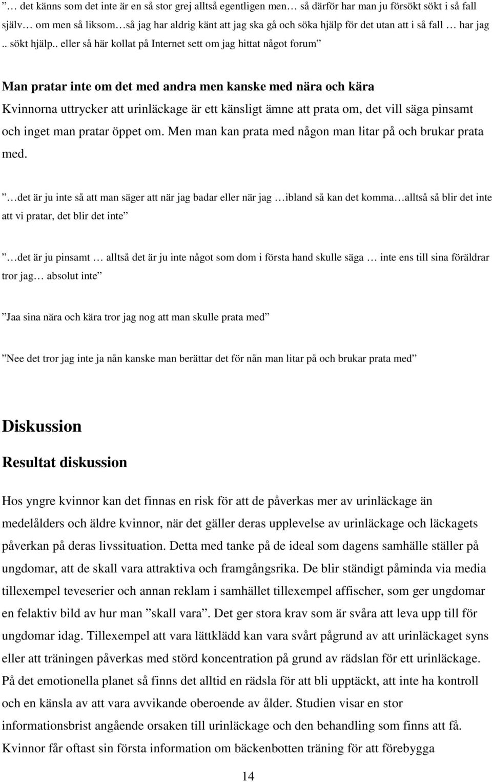 . eller så här kollat på Internet sett om jag hittat något forum Man pratar inte om det med andra men kanske med nära och kära Kvinnorna uttrycker att urinläckage är ett känsligt ämne att prata om,