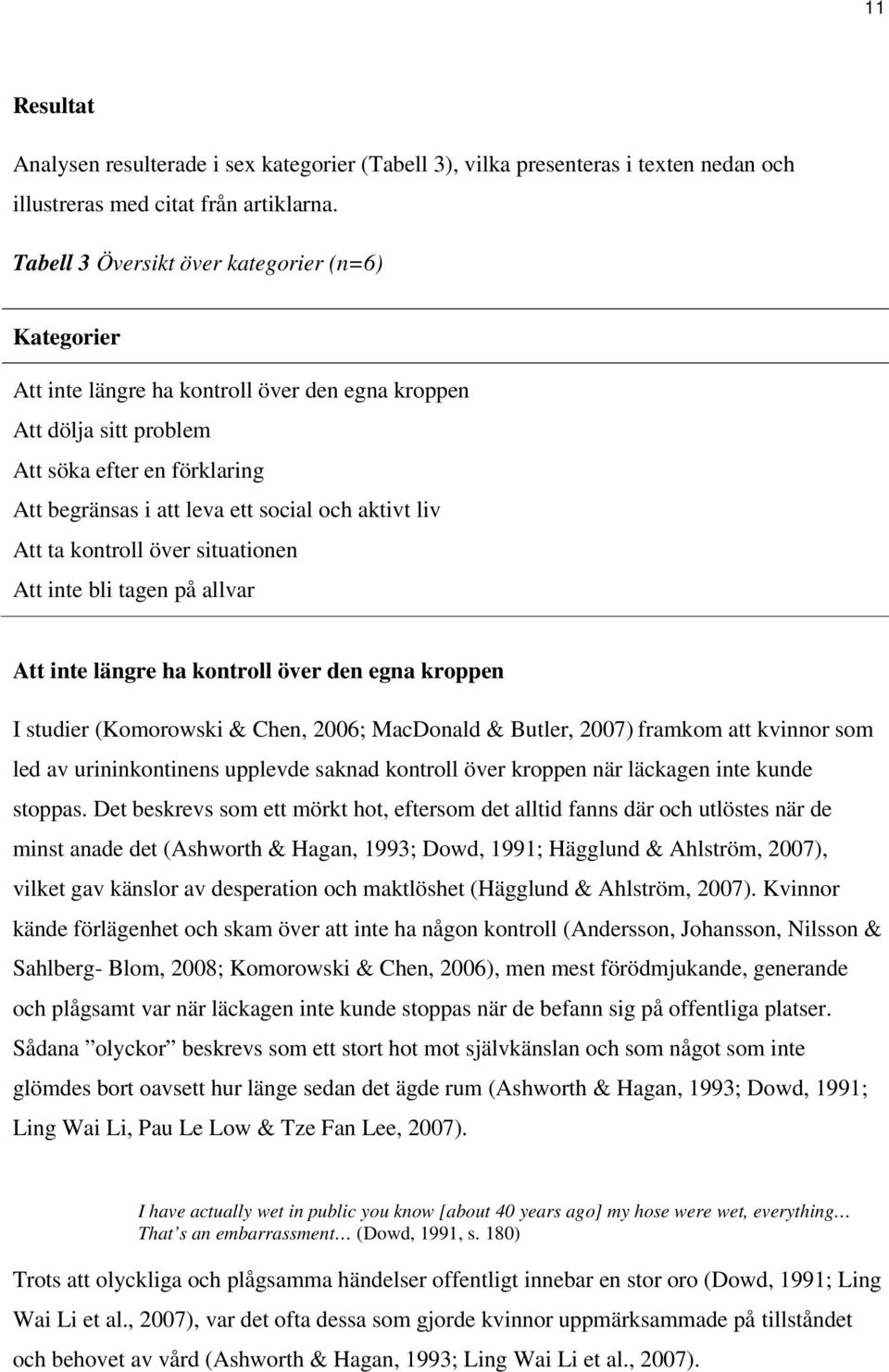 liv Att ta kontroll över situationen Att inte bli tagen på allvar Att inte längre ha kontroll över den egna kroppen I studier (Komorowski & Chen, 2006; MacDonald & Butler, 2007) framkom att kvinnor