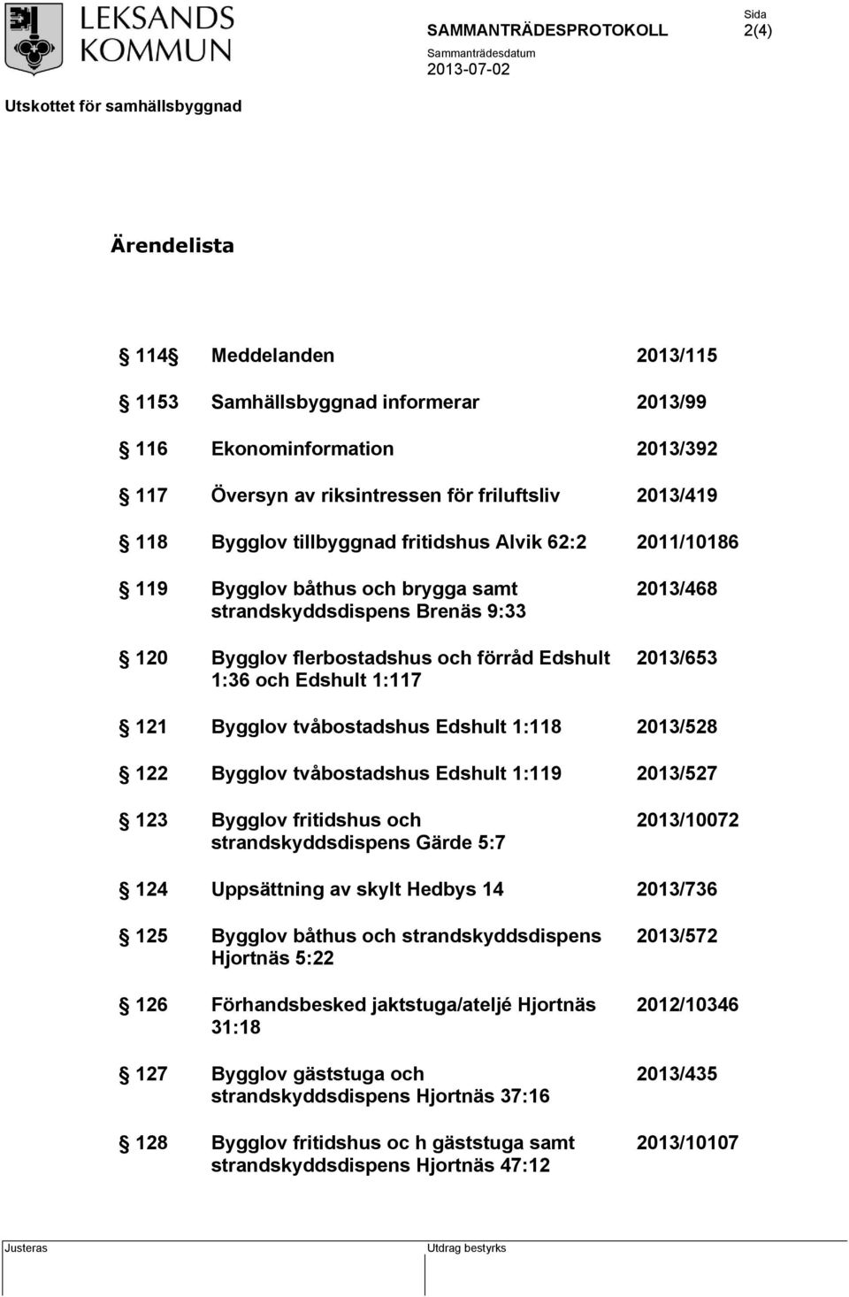 tvåbostadshus Edshult 1:118 2013/528 122 Bygglov tvåbostadshus Edshult 1:119 2013/527 123 Bygglov fritidshus och strandskyddsdispens Gärde 5:7 2013/10072 124 Uppsättning av skylt Hedbys 14 2013/736