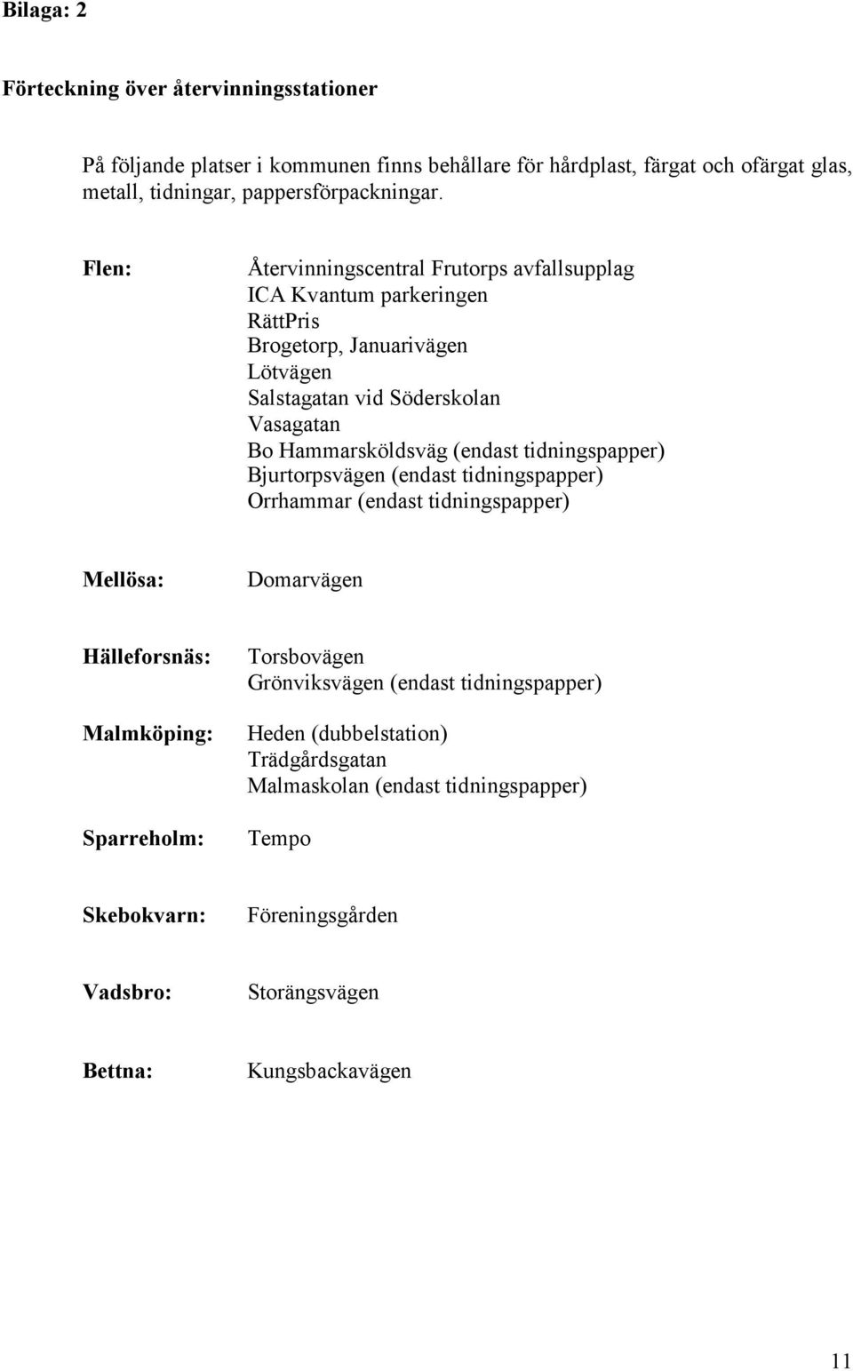 (endast tidningspapper) Bjurtorpsvägen (endast tidningspapper) Orrhammar (endast tidningspapper) Mellösa: Domarvägen Hälleforsnäs: Malmköping: Sparreholm: Torsbovägen