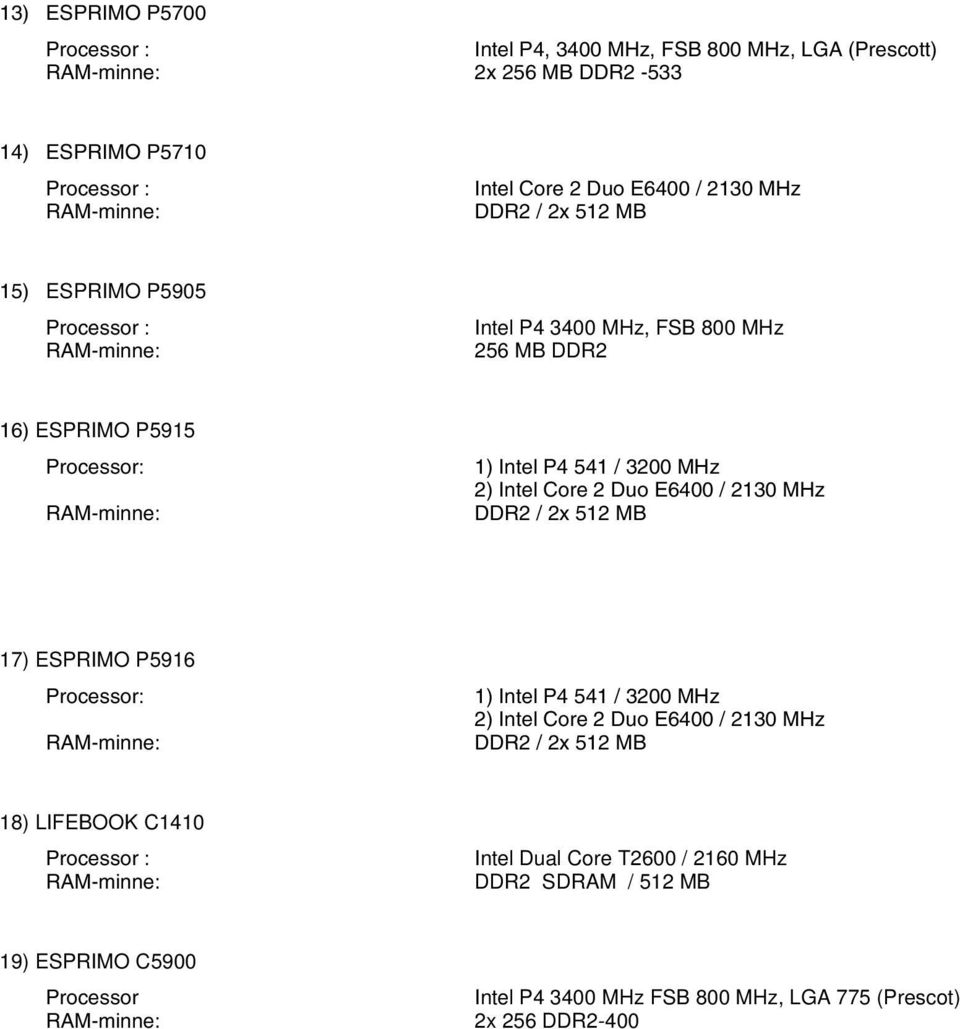 / 3200 MHz 17) P5916 Processor: 1) Intel P4 541 / 3200 MHz 18) LIFEBOOK C1410 Intel Dual Core T2600 / 2160