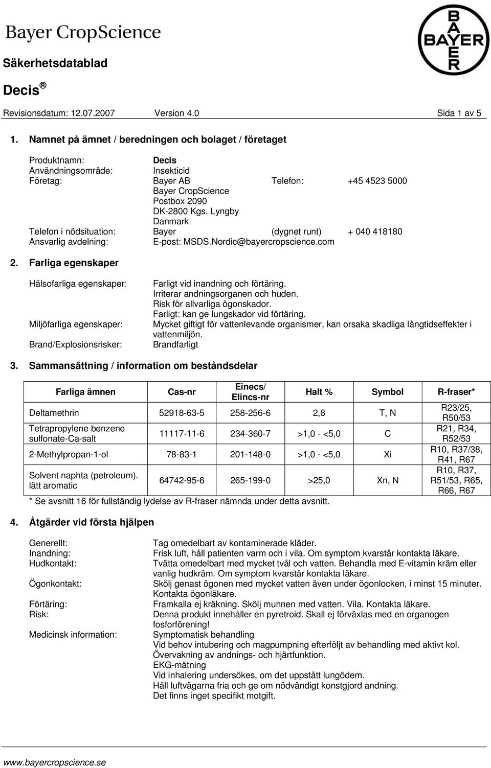 Lyngby Danmark Telefon i nödsituation: Bayer (dygnet runt) + 040 418180 Ansvarlig avdelning: E-post: MSDS.Nordic@bayercropscience.com 2.