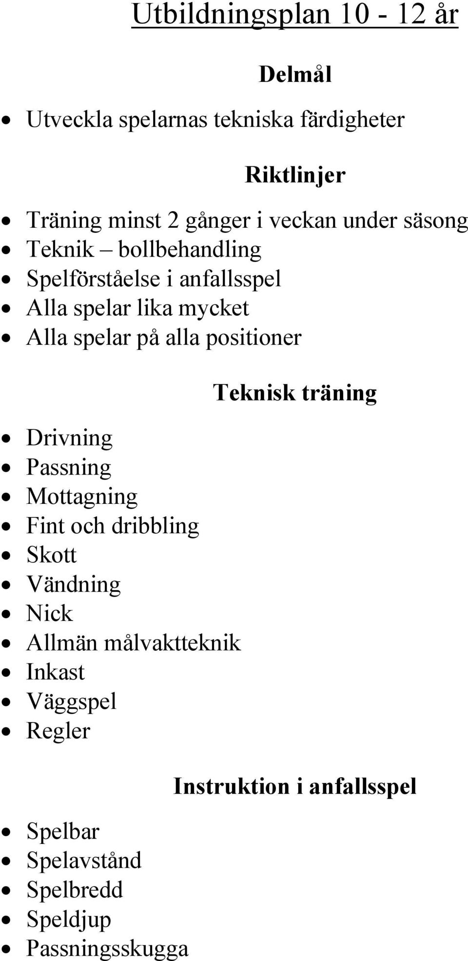 alla positioner Drivning Passning Mottagning Fint och dribbling Skott Vändning Nick Allmän målvaktteknik