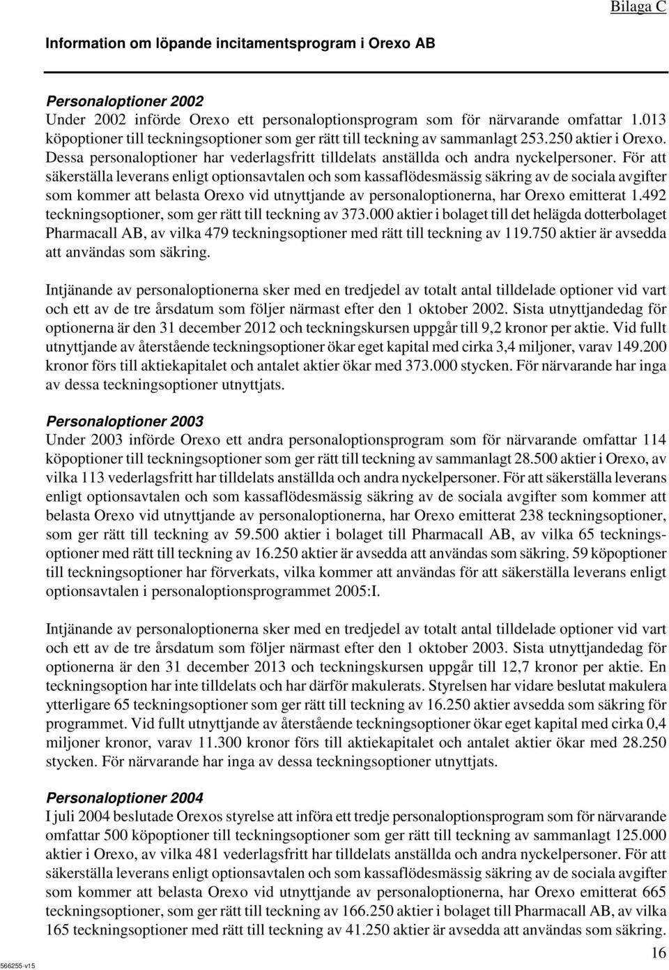 För att säkerställa leverans enligt optionsavtalen och som kassaflödesmässig säkring av de sociala avgifter som kommer att belasta Orexo vid utnyttjande av personaloptionerna, har Orexo emitterat 1.