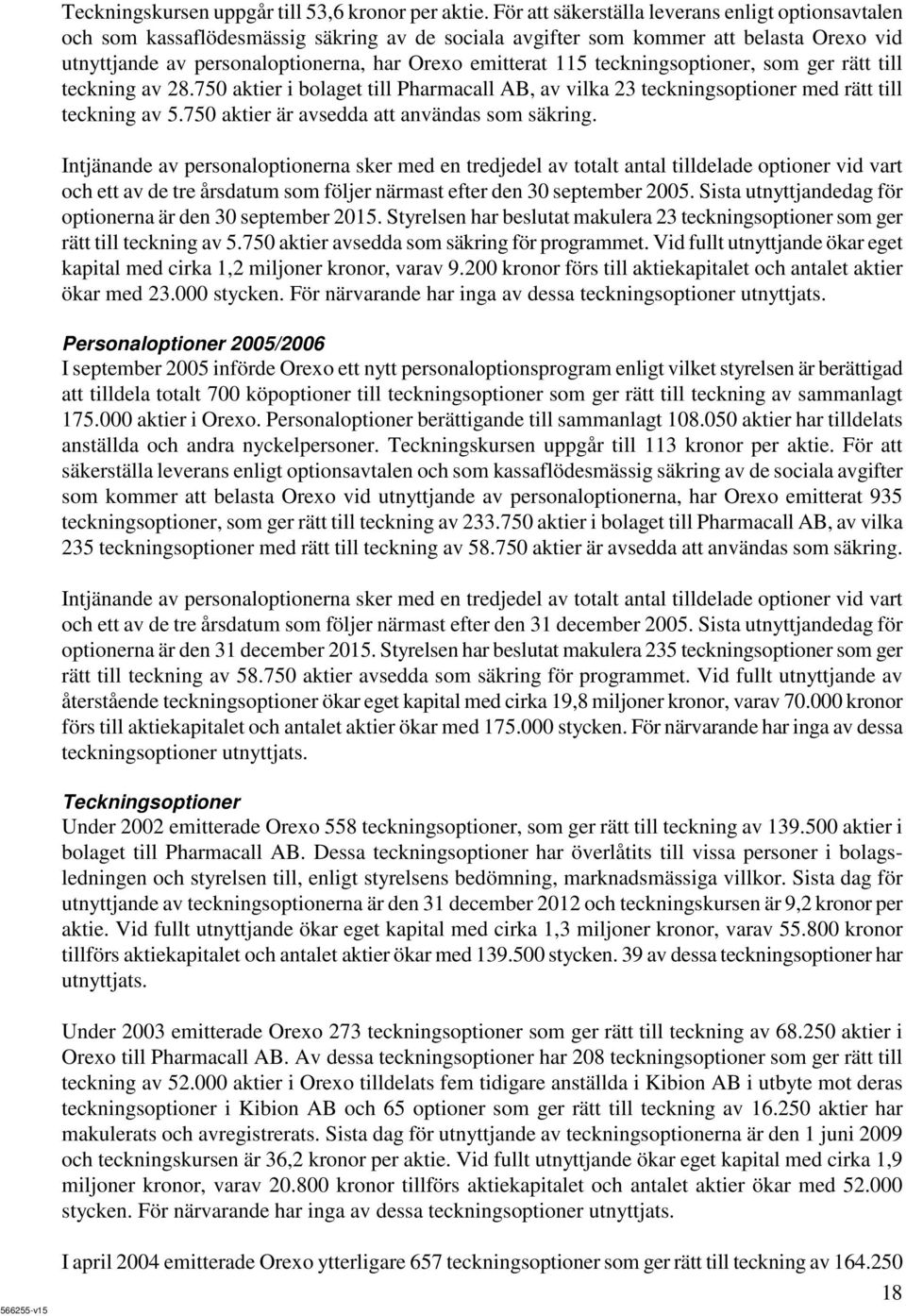 teckningsoptioner, som ger rätt till teckning av 28.750 aktier i bolaget till Pharmacall AB, av vilka 23 teckningsoptioner med rätt till teckning av 5.750 aktier är avsedda att användas som säkring.