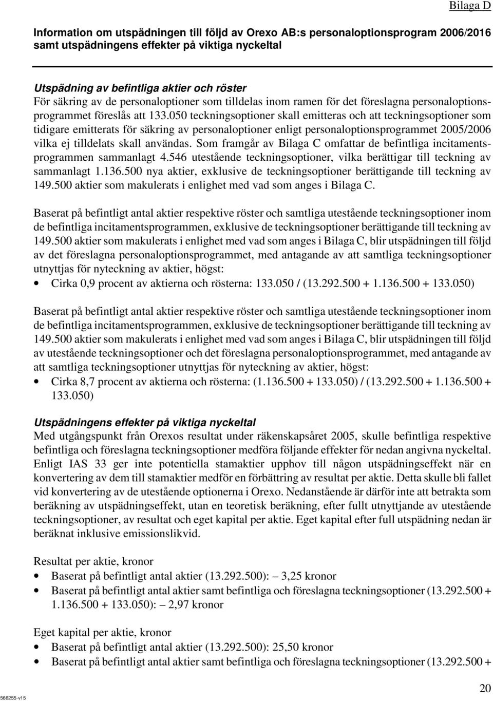 050 teckningsoptioner skall emitteras och att teckningsoptioner som tidigare emitterats för säkring av personaloptioner enligt personaloptionsprogrammet 2005/2006 vilka ej tilldelats skall användas.