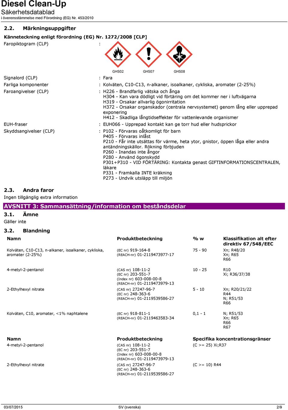 EUH-fraser Skyddsangivelser (CLP) : H226 - Brandfarlig vätska och ånga H304 - Kan vara dödligt vid förtäring om det kommer ner i luftvägarna H319 - Orsakar allvarlig ögonirritation H372 - Orsakar