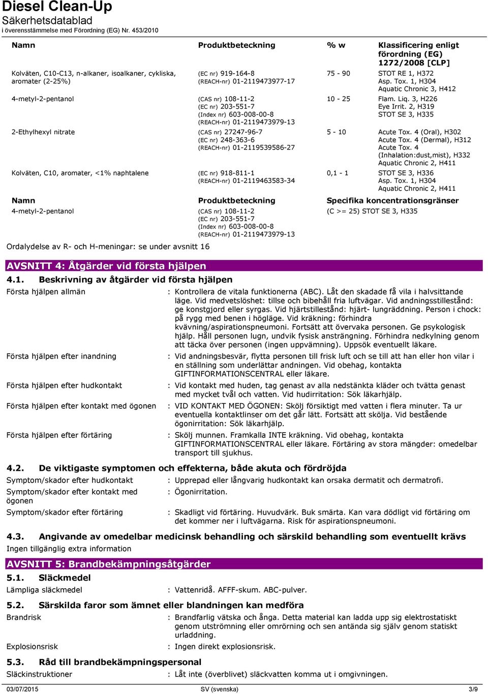 Kolväten, C10, aromater, <1% naphtalene (EC nr) 918-811-1 (REACH-nr) 01-2119463583-34 75-90 STOT RE 1, H372 Asp. Tox. 1, H304 Aquatic Chronic 3, H412 10-25 Flam. Liq. 3, H226 Eye Irrit.