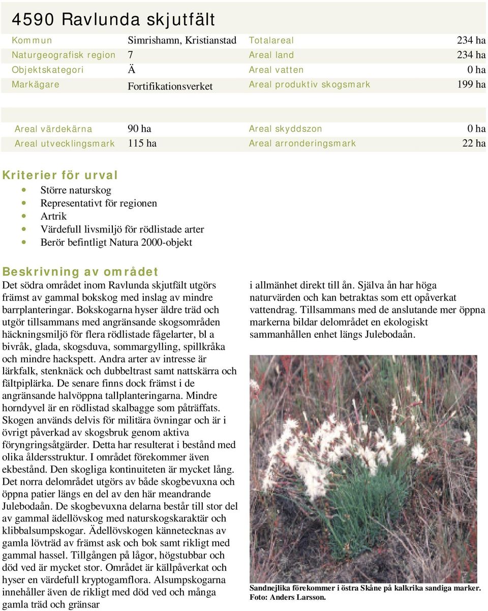 Värdefull livsmiljö för rödlistade arter Berör befintligt Natura 2000-objekt Beskrivning av området Det södra området inom Ravlunda skjutfält utgörs främst av gammal bokskog med inslag av mindre