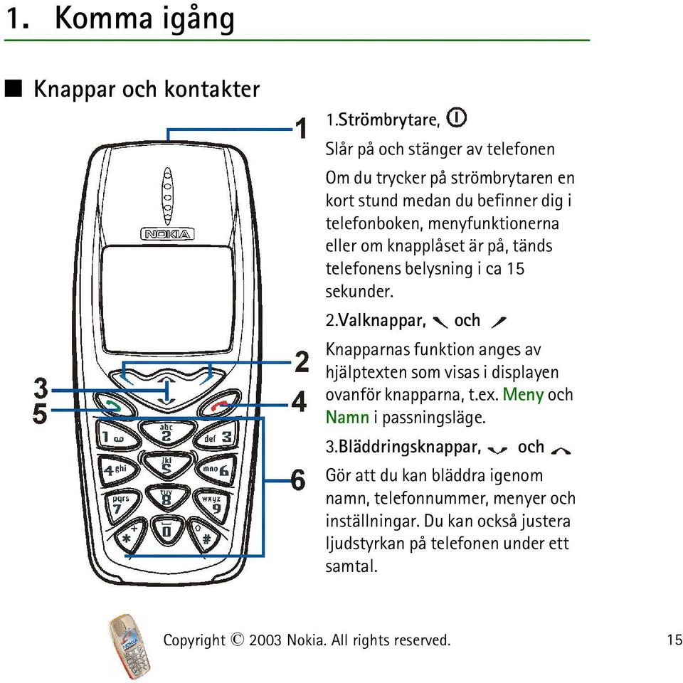 eller om knapplåset är på, tänds telefonens belysning i ca 15 sekunder. 2.