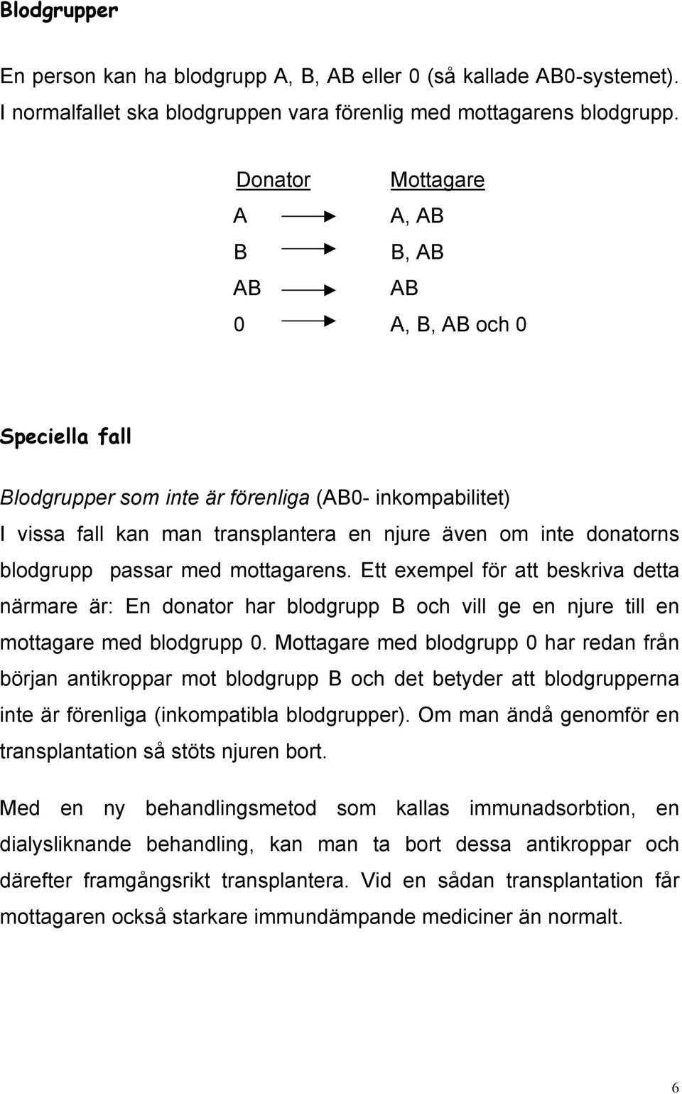 blodgrupp passar med mottagarens. Ett exempel för att beskriva detta närmare är: En donator har blodgrupp B och vill ge en njure till en mottagare med blodgrupp 0.