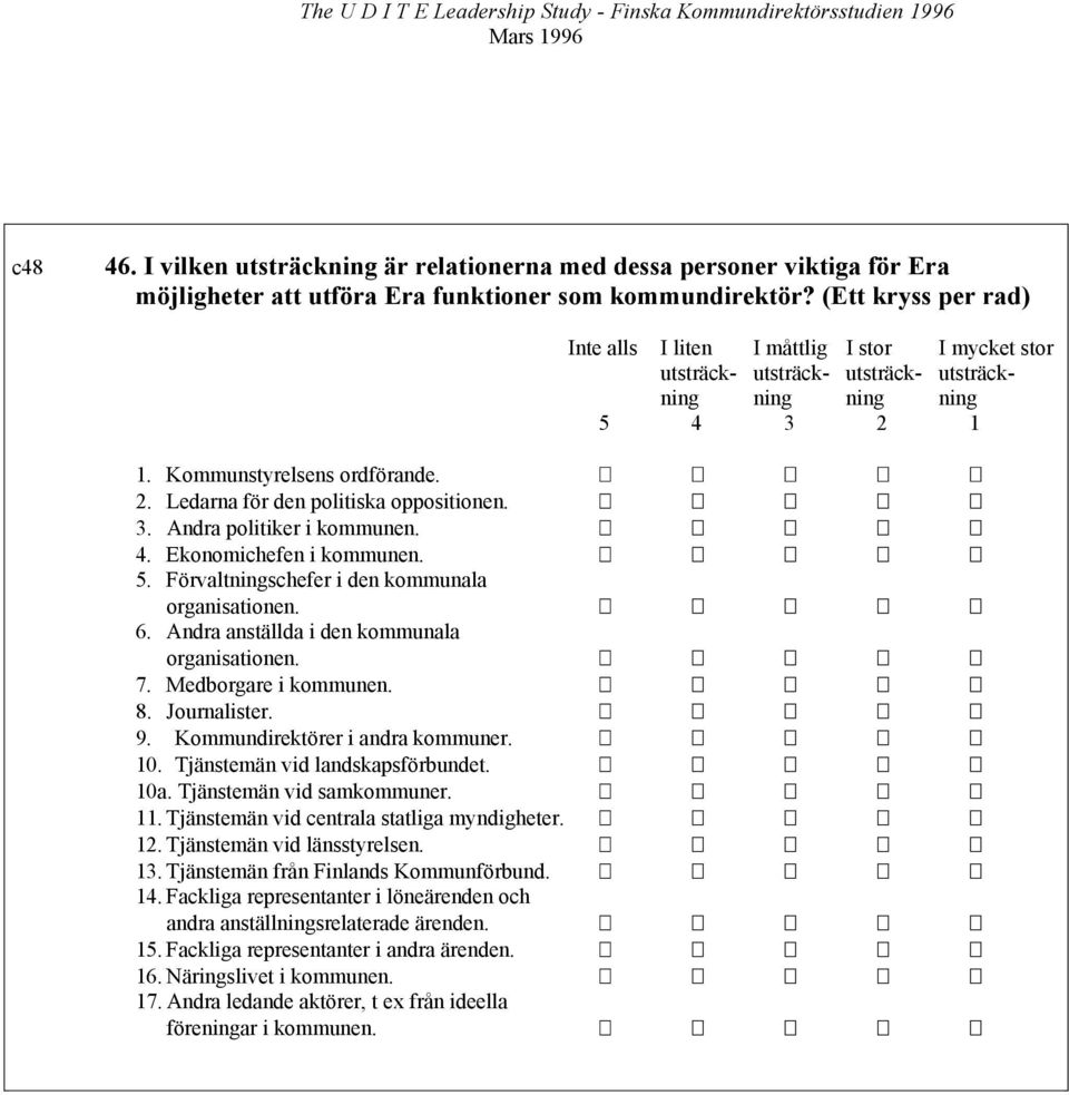 Andra anställda i den kommunala organisationen. 7. Medborgare i kommunen. 8. Journalister. 9. Kommundirektörer i andra kommuner. 10. Tjänstemän vid landskapsförbundet. 10a. Tjänstemän vid samkommuner.