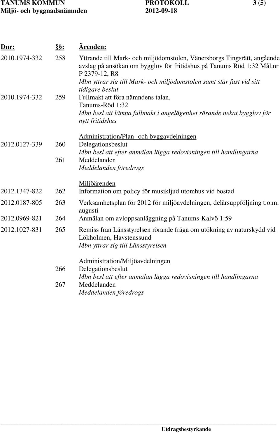 1974-332 259 Fullmakt att föra nämndens talan, Tanums-Röd 1:32 Mbn besl att lämna fullmakt i angelägenhet rörande nekat bygglov för nytt fritidshus Administration/Plan- och byggavdelningen 2012.