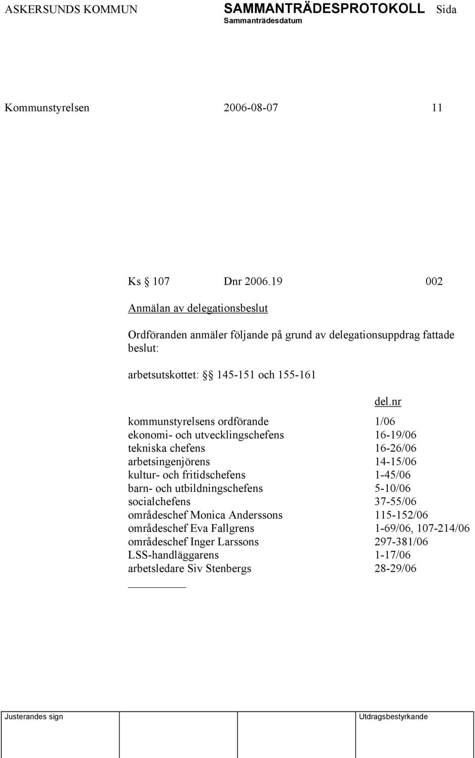 nr kommunstyrelsens ordförande 1/06 ekonomi- och utvecklingschefens 16-19/06 tekniska chefens 16-26/06 arbetsingenjörens 14-15/06 kultur- och