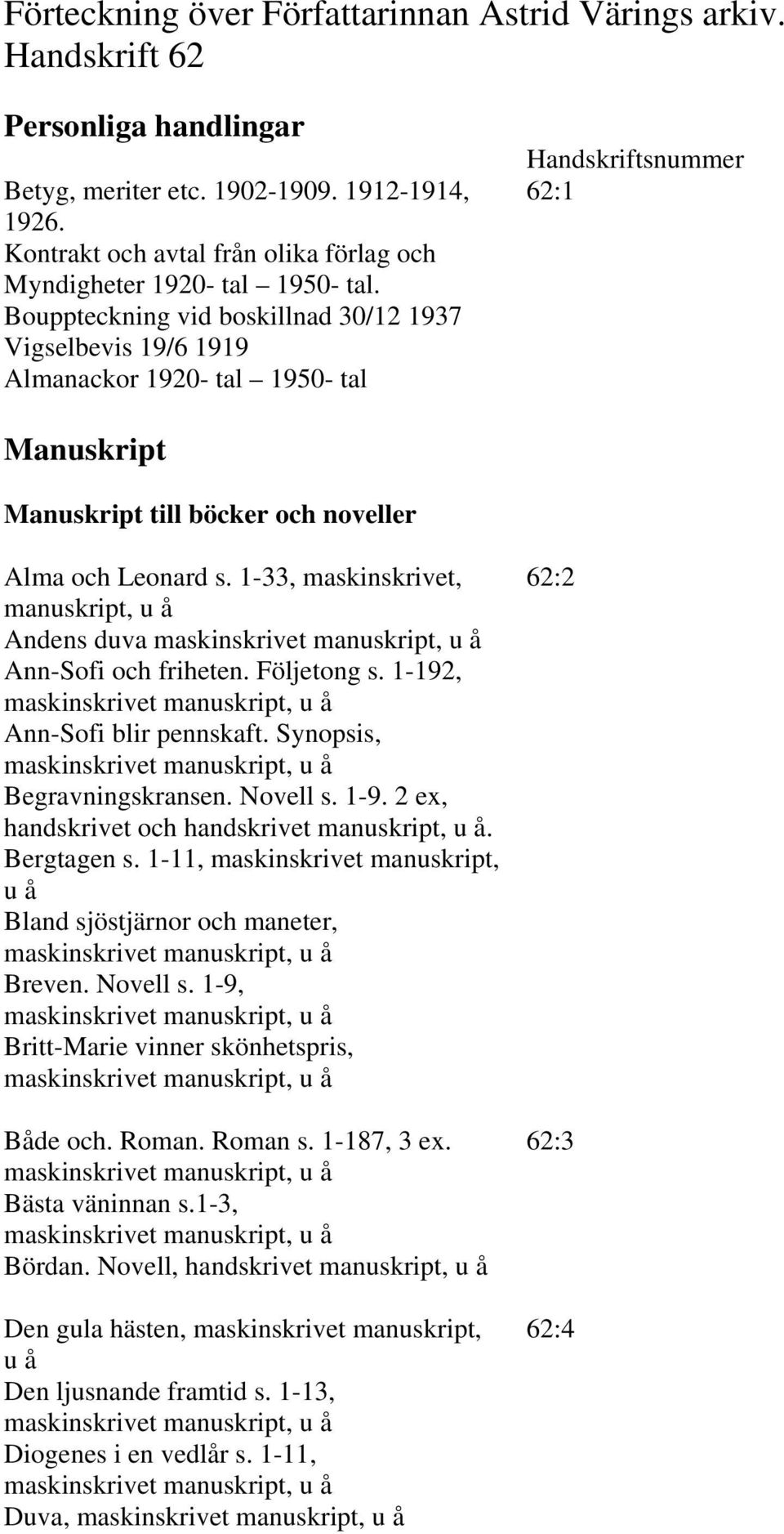 Bouppteckning vid boskillnad 30/12 1937 Vigselbevis 19/6 1919 Almanackor 1920- tal 1950- tal Manuskript Manuskript till böcker och noveller Alma och Leonard s.