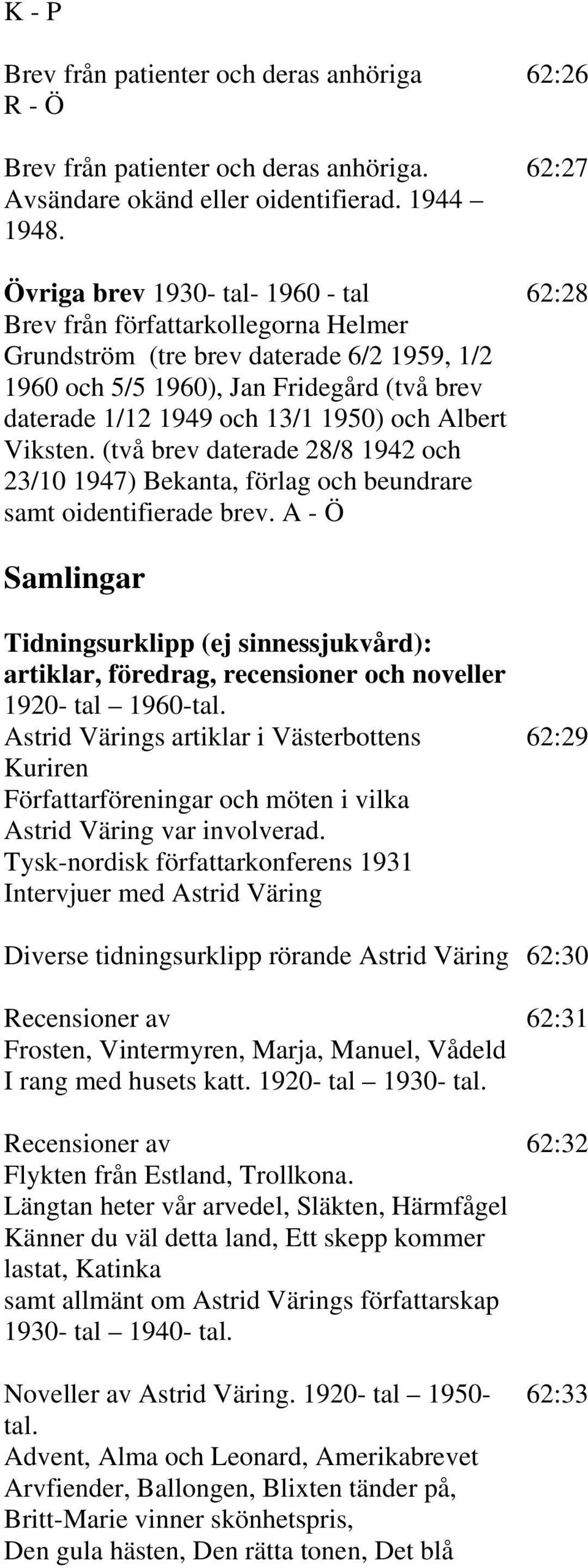 och Albert Viksten. (två brev daterade 28/8 1942 och 23/10 1947) Bekanta, förlag och beundrare samt oidentifierade brev.