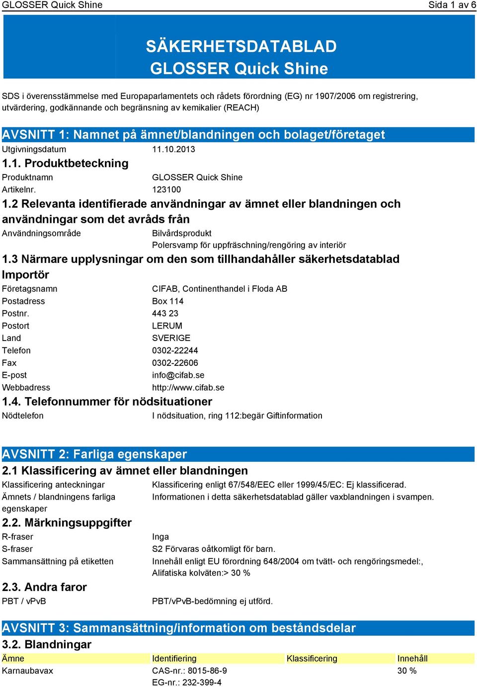 123100 1.2 Relevanta identifierade användningar av ämnet eller blandningen och användningar som det avråds från Användningsområde Bilvårdsprodukt Polersvamp för uppfräschning/rengöring av interiör 1.