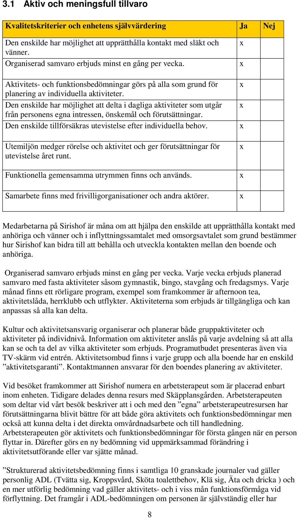 Den enskilde har möjlighet att delta i dagliga aktiviteter som utgår från personens egna intressen, önskemål och förutsättningar. Den enskilde tillförsäkras utevistelse efter individuella behov.