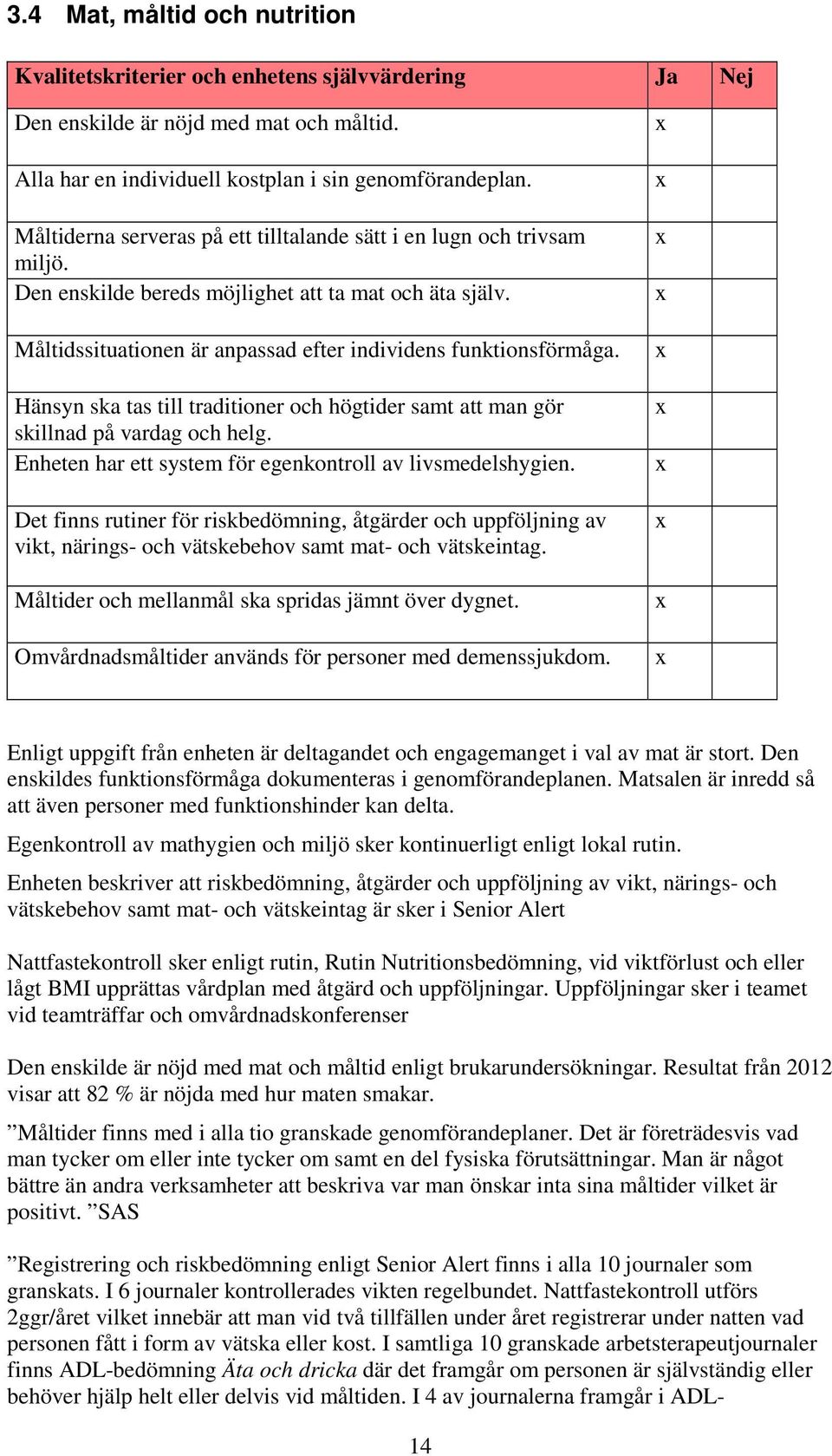 Hänsyn ska tas till traditioner och högtider samt att man gör skillnad på vardag och helg. Enheten har ett system för egenkontroll av livsmedelshygien.