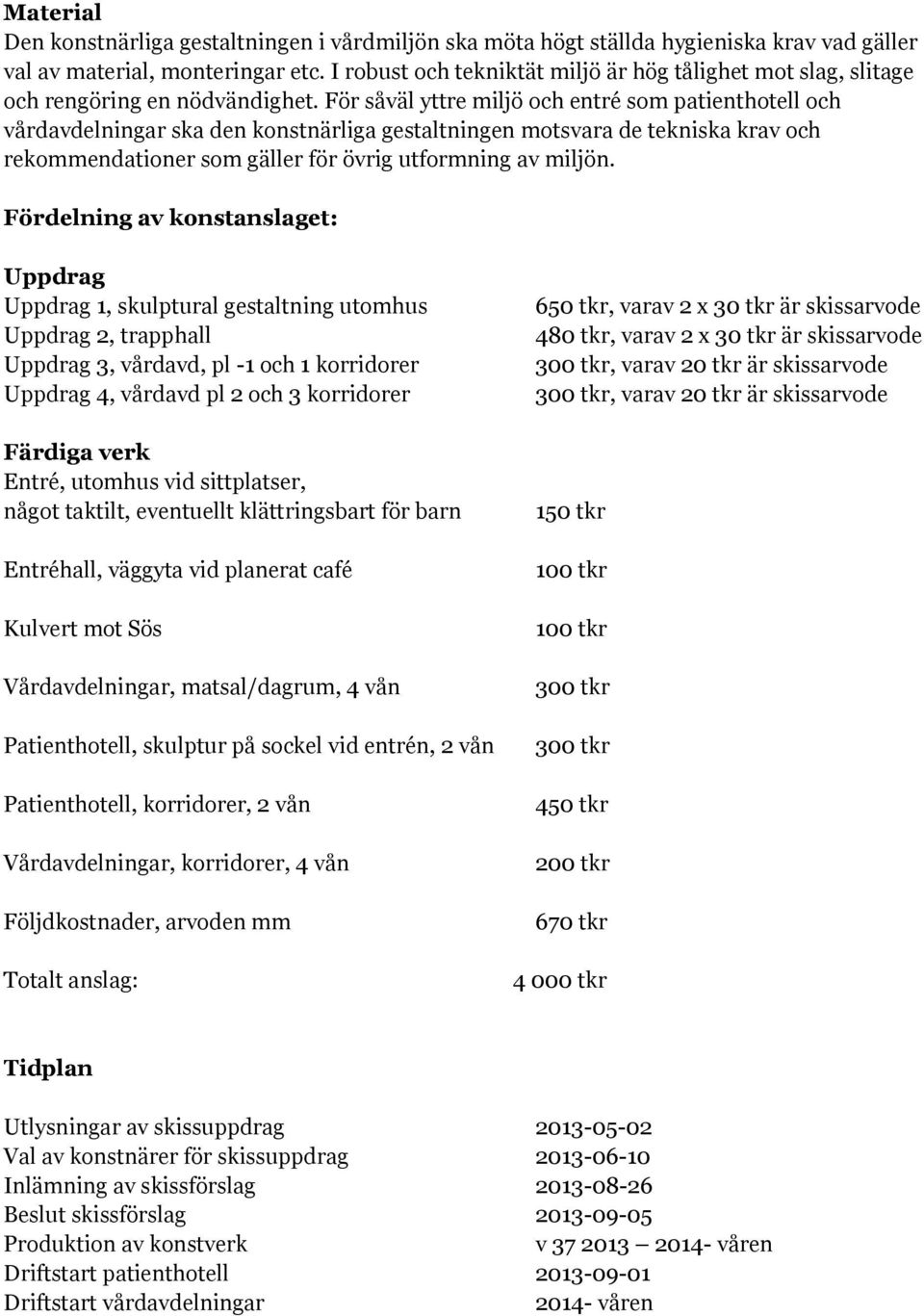 För såväl yttre miljö och entré som patienthotell och vårdavdelningar ska den konstnärliga gestaltningen motsvara de tekniska krav och rekommendationer som gäller för övrig utformning av miljön.