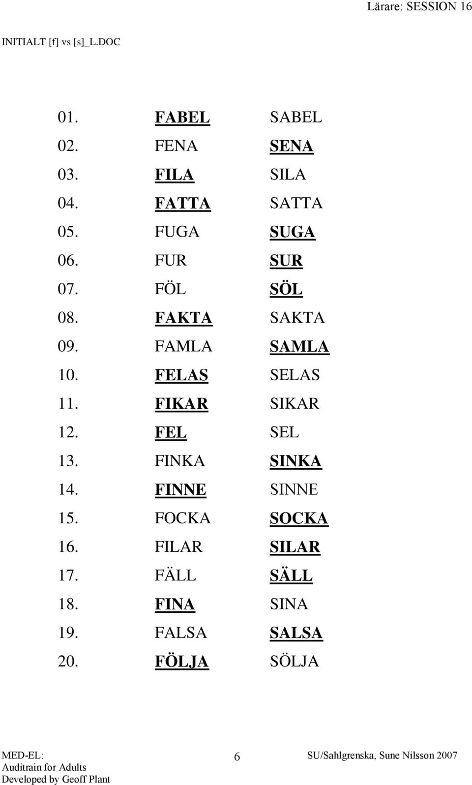 FAMLA SAMLA 10. FELAS SELAS 11. FIKAR SIKAR 12. FEL SEL 13. FINKA SINKA 14.