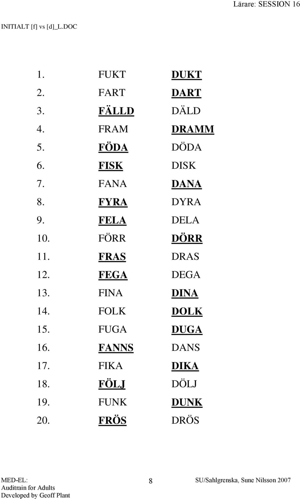 FELA DELA 10. FÖRR DÖRR 11. FRAS DRAS 12. FEGA DEGA 13. FINA DINA 14.