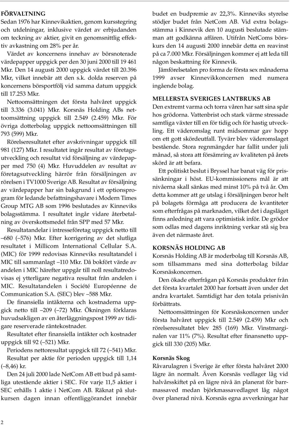 253 Mkr. Nettoomsättningen det första halvåret uppgick till 3.336 (3.041) Mkr. Korsnäs Holding ABs nettoomsättning uppgick till 2.549 (2.459) Mkr.