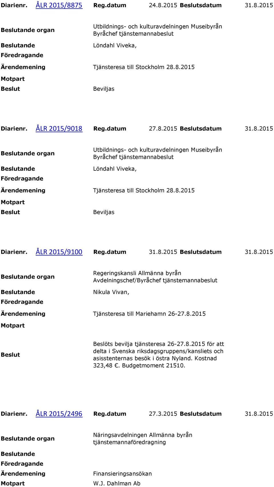 8.2015 för att delta i Svenska riksdagsgruppens/kansliets och asisstenternas besök i östra Nyland. Kostnad 323,48. Budgetmoment 21510. Diarienr. ÅLR 2015/2496 Reg.datum 27.3.2015 sdatum 31.