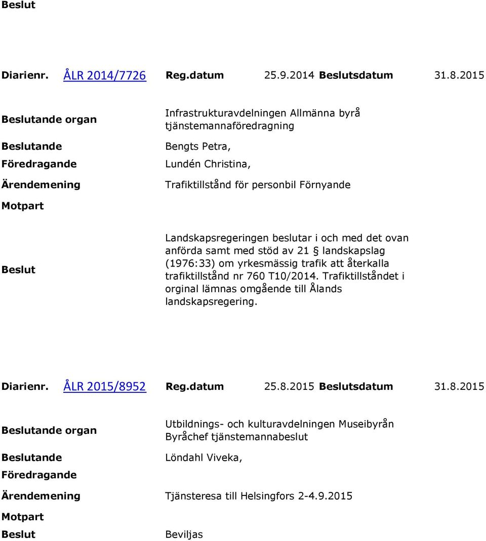 Landskapsregeringen beslutar i och med det ovan anförda samt med stöd av 21 landskapslag (1976:33) om yrkesmässig trafik att